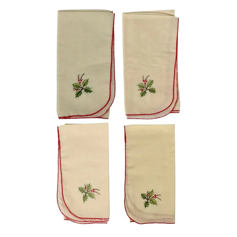 VTG Set of 4 Christmas Placemats and 4 Napkins Holly Linen White Red Dining Room